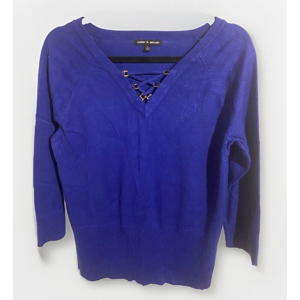 Cable & Gauge V Neck Sweater Gold Lace Up Royal Blue Baize Medium
